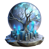 stunning abstract A bioluminescent tree growing from a decaying cityscape, illuminated by its own ethereal glow and the faint light of a shattered moon, surreal and dreamlike, exclusive png