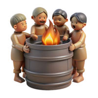 serene classic A group of emaciated refugees huddled around a burning barrel, their faces illuminated by the flickering flames, photorealistic and gritty, high resolution png