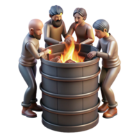 elegant rustic A group of emaciated refugees huddled around a burning barrel, their faces illuminated by the flickering flames, photorealistic and gritty, high quality png