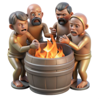 dramatic rustic A group of emaciated refugees huddled around a burning barrel, their faces illuminated by the flickering flames, photorealistic and gritty, genuine png