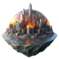 extraordinary abstract A futuristic cityscape crumbling into the sea, lit by a fiery sunset reflecting in the polluted water, apocalyptic and dramatic, exclusive png
