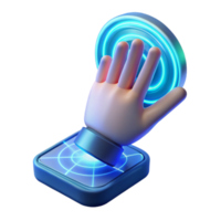 extraordinary creative A human hand reaching out to touch a holographic interface, illuminated by a soft, blue light, rendered in a futuristic, interactive style genuine png