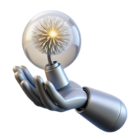 vibrant rustic A chrome robotic hand delicately holding a single dandelion seed, lit by a soft, warm spotlight from above, in a photorealistic style professional png
