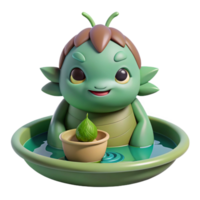 stunning traditional A mischievous Japanese Kappa, water demon, with a bowl of water on its head, lurking in a pond. Anime style high quality png