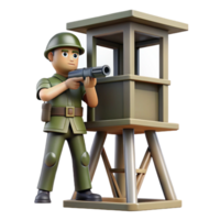 serene abstract A soldier stands guard in a watchtower, scanning the horizon for threats. Vigilant pose, military realism style high resolution png