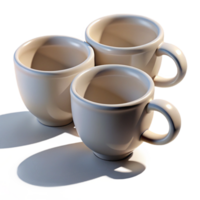 elegant creative Three perfectly aligned, white porcelain espresso cups, casting long, dramatic shadows from a low, warm light source genuine png