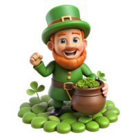 impressive minimalist A mischievous leprechaun, with a pot of gold at his feet, hiding amongst a patch of four-leaf clovers, bright, cheerful lighting. Cartoon style detailed png