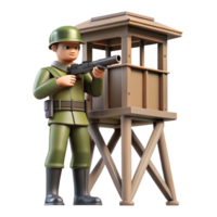 wonderful rustic A soldier stands guard in a watchtower, scanning the horizon for threats. Vigilant pose, military realism style original png