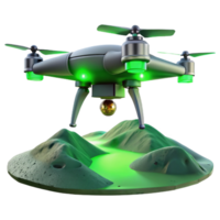 dramatic creative A solitary drone hovering over a desolate wasteland, illuminated by a sickly green sky, cinematic and ominous, premium png