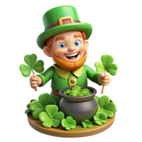 vibrant modern A mischievous leprechaun, with a pot of gold at his feet, hiding amongst a patch of four-leaf clovers, bright, cheerful lighting. Cartoon style premium png