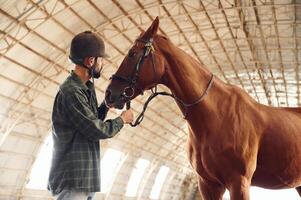 Standing ,and holding animal. Young man with a horse is in the hangar photo