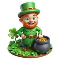 extraordinary rustic A mischievous leprechaun, with a pot of gold at his feet, hiding amongst a patch of four-leaf clovers, bright, cheerful lighting. Cartoon style premium png