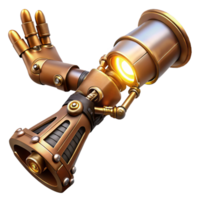 elegant rustic A steampunk prosthetic arm, gleaming brass and polished wood, intricate clockwork mechanisms exposed, lit by a single spotlight, hyperrealistic style premium png
