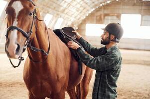 Holding and installing saddle. Young man with a horse is in the hangar photo