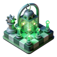 impressive abstract A chessboard where the pieces are living creatures, locked in eternal struggle, illuminated by a cold, green light, Surrealist style high quality png