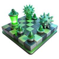 stunning classic A chessboard where the pieces are living creatures, locked in eternal struggle, illuminated by a cold, green light, Surrealist style premium png