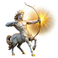 impressive rustic A stoic centaur archer, aiming his bow towards the heavens, lit by the golden rays of dawn, classical Greek sculpture style premium png