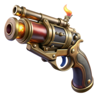 serene minimalist A detailed steampunk pistol with intricate engravings and a rotating cylinder, illuminated by a muzzle flash, realistic style high resolution png