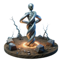 stunning modern A twisted metal sculpture resembling a human figure, standing amidst a desolate landscape, lit by a lightning strike. Dark, surreal, and abstract style high quality png