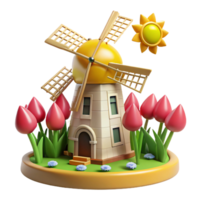 wonderful minimalist A traditional windmill in a field of tulips, bright sunlight, Dutch style authentic png