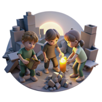 extraordinary classic A group of children scavenging for scraps in a bombed-out city, lit by the faint light of a dying sun, poignant and melancholic, premium png