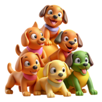 dramatic artistic A group of playful puppies in a tumbling pyramid formation, dynamic pose, bright and cheerful color palette, cartoon style inspired by Disney high quality png