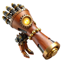 dramatic vintage A complex steampunk prosthetic arm, crafted from polished wood, brass, and gears, illuminated by a single spotlight, photorealistic style exclusive png