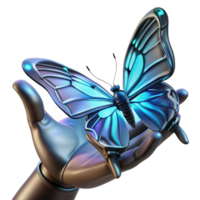 wonderful modern A delicate biomechanical butterfly with chrome wings and glowing neon veins, resting on a skeletal human finger, dark, moody lighting, art nouveau style high quality png