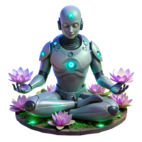 wonderful rustic A cyborg with intricate mechanical augmentations, meditating amidst a field of glowing, bioluminescent flora on an alien planet. Warm, ethereal lighting, cyberpunk style premium png