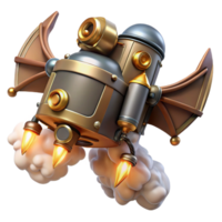 magnificent classic A steampunk jetpack with copper wings and steam-powered thrusters, emitting a trail of smoke, in a concept art style authentic png