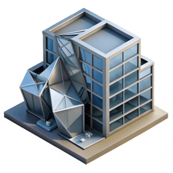 skön klassisk dekonstruktivist kontor byggnad, fragmenterad former, skarp vinklar, metallisk beklädnad, dramatisk skuggor, isometrisk se, premie png