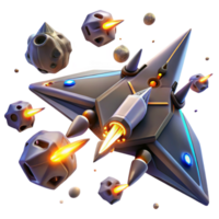 impressive abstract A fleet of sleek, triangular spaceships engaging in a dogfight amidst a field of asteroids. Intense, flashing lighting, comic book style 4K png