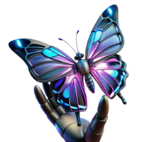 impressive artistic A delicate biomechanical butterfly with chrome wings and glowing neon veins, resting on a skeletal human finger, dark, moody lighting, art nouveau style 4K png