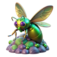 serene traditional A mutated insect, with iridescent wings, hovering over a pile of radioactive waste. Surreal, vibrant colors, bio-horror style high resolution png