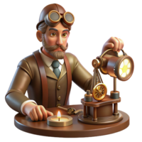 extraordinary creative A portrait of a steampunk inventor meticulously working on a complex clockwork device, lit by a single desk lamp, chiaroscuro style original png
