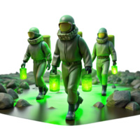 stunning rustic A group of people wearing protective suits walking through a toxic wasteland, illuminated by the green glow of hazardous waste. Dark, apocalyptic, and realistic style high resolution png