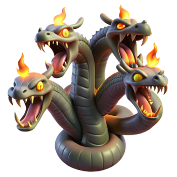 fantastisk klassisk en kraftfull hydra med flera olika serpentin huvuden, regenererande efter varelse slog förbi en svärd, belyst förbi flimmer fackelsken, i en dynamisk, actionfylld stil professionell png