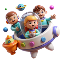 wonderful classic A group of children playing in a zero-gravity environment inside a spaceship, surrounded by floating toys. Bright, playful lighting, cartoon style original png