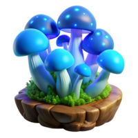 extraordinary modern A cluster of vibrant blue mushrooms, bioluminescent, growing on a moss-covered log in a dark forest, illuminated by their own glow. Fantasy art style high quality png