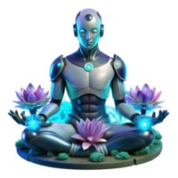 vibrant abstract A cyborg with intricate mechanical augmentations, meditating amidst a field of glowing, bioluminescent flora on an alien planet. Warm, ethereal lighting, cyberpunk style premium png