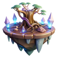 elegant modern A floating island made of intertwined tree roots, cascading waterfalls, and glowing crystals, lit by the warm glow of sunrise, Fantasy Art style original png