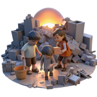 stunning modern A group of children scavenging for scraps in a bombed-out city, lit by the faint light of a dying sun, poignant and melancholic, high resolution png