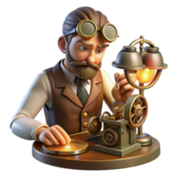 beautiful classic A portrait of a steampunk inventor meticulously working on a complex clockwork device, lit by a single desk lamp, chiaroscuro style detailed png