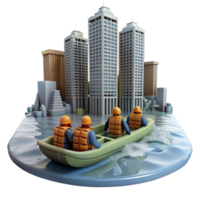 impressive modern A group of survivors sailing on a makeshift raft down a flooded river, past submerged skyscrapers. Dreary, overcast lighting, survivalist theme professional png