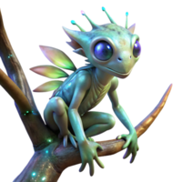 elegant creative An alien creature with shimmering, iridescent scales, perched on a branch of a bioluminescent tree. Warm, magical lighting, fantasy art style exclusive png
