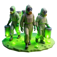 magnificent rustic A group of people wearing protective suits walking through a toxic wasteland, illuminated by the green glow of hazardous waste. Dark, apocalyptic, and realistic style high quality png