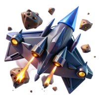 magnificent traditional A fleet of sleek, triangular spaceships engaging in a dogfight amidst a field of asteroids. Intense, flashing lighting, comic book style genuine png