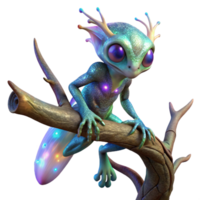 stunning contemporary An alien creature with shimmering, iridescent scales, perched on a branch of a bioluminescent tree. Warm, magical lighting, fantasy art style professional png