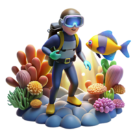 dramatic vintage A lone scuba diver, illuminated by a single beam of sunlight piercing the deep ocean, exploring a vibrant coral reef teeming with colorful fish. Hyperrealistic, 8k resolution detailed png