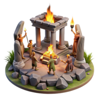 dramatic abstract A group of survivors performing a ritual around a bonfire amidst a ruined temple. Mystical, firelight, post-apocalyptic tribalism exclusive png